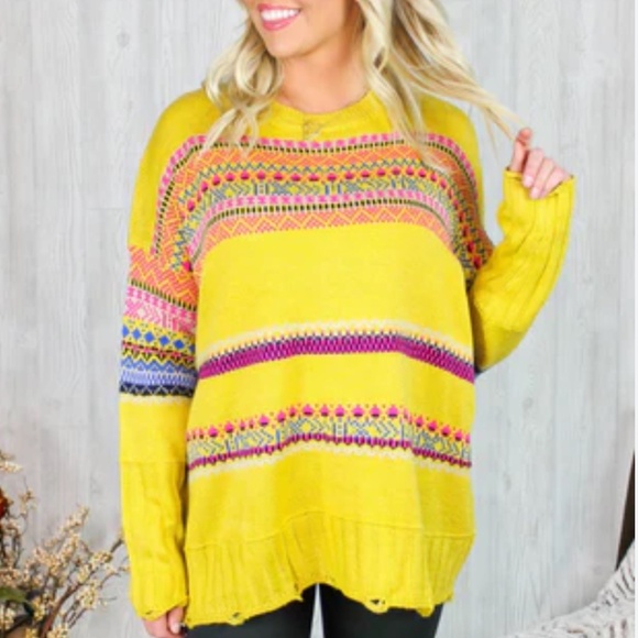 NWT Easel Yellow Fair Isle Knit Sweater | Boho Distressed Hem | Size S - Picture 9 of 9